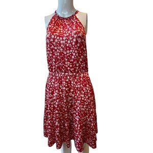 New Shows Womens Floral Mini Dress Halter Neck Back Keyhole Smocked Waist Red M